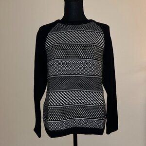 Talbots Black and White Nordic Argyle Print Lambswool Crewneck Sweater